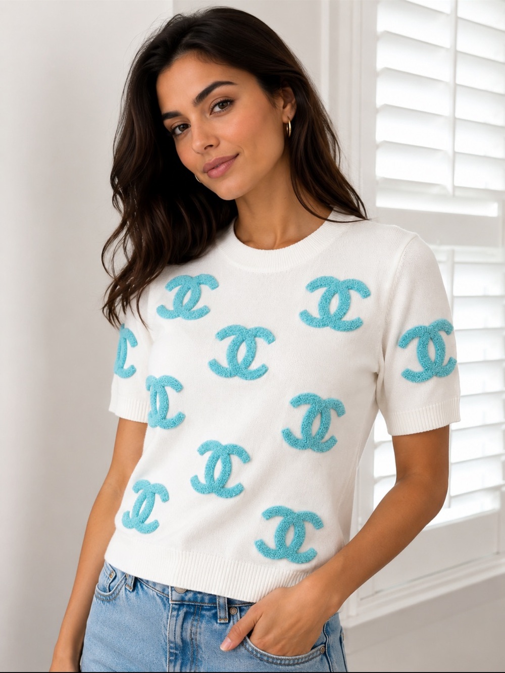 Chanel White Tee Sweater with Aqua CC Appliqués